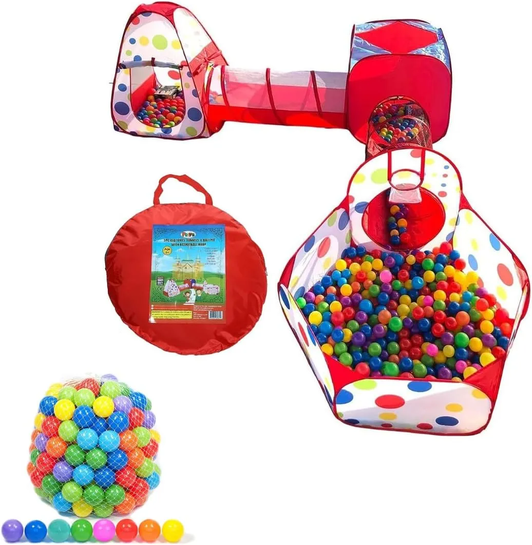 Playz 5pc Kids Play Tent, Ball Pit with Basketball Hoop and 50 Multicolored Pit Balls Babies, Kids, Girls & Boys Indoor and Outdoor Pop Up Playhouse Bundle with Storage Bag, Red Polka Dot Design