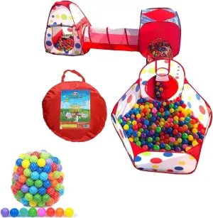 Playz 5pc Kids Play Tent, Ball Pit with Basketball Hoop and 50 Multicolored Pit Balls Babies, Kids, Girls & Boys Indoor and Outdoor Pop Up Playhouse Bundle with Storage Bag, Red Polka Dot Design