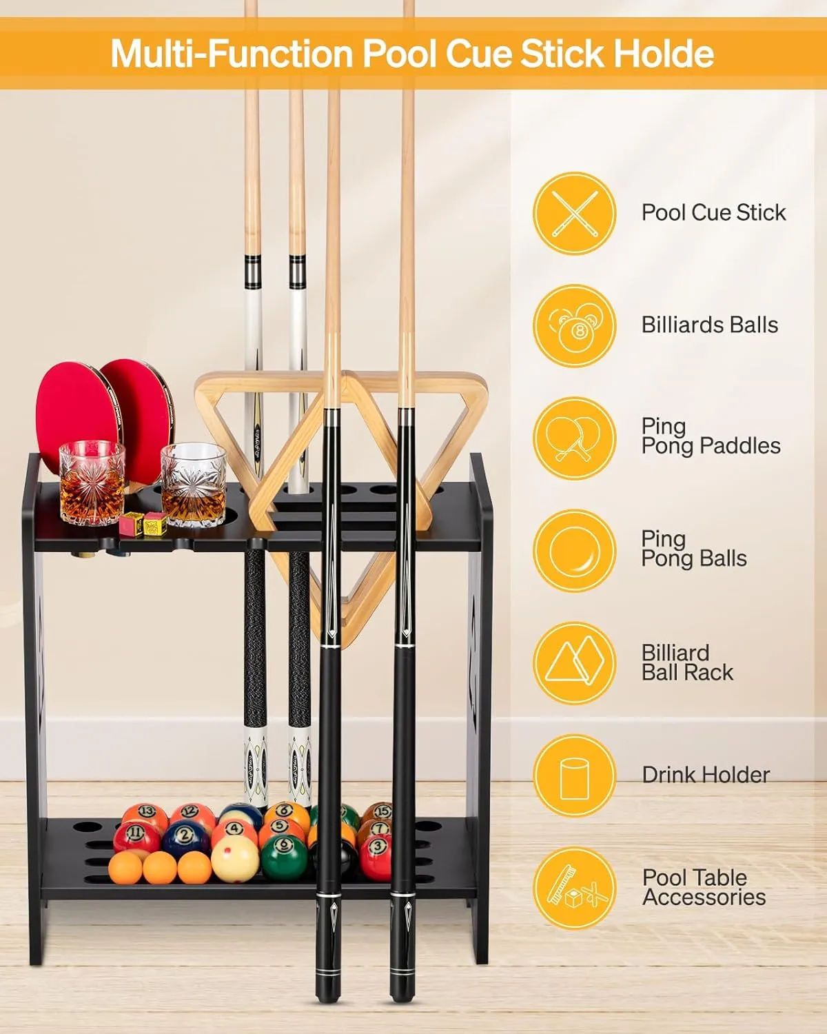 Pool Cue Stick Holder - Floor Stand Billiards Rack Oak Solid Wooden Holds 9 Cues and Pool Table Accessories Organizer
