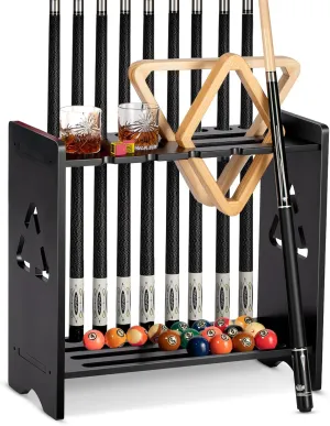 Pool Cue Stick Holder - Floor Stand Billiards Rack Oak Solid Wooden Holds 9 Cues and Pool Table Accessories Organizer