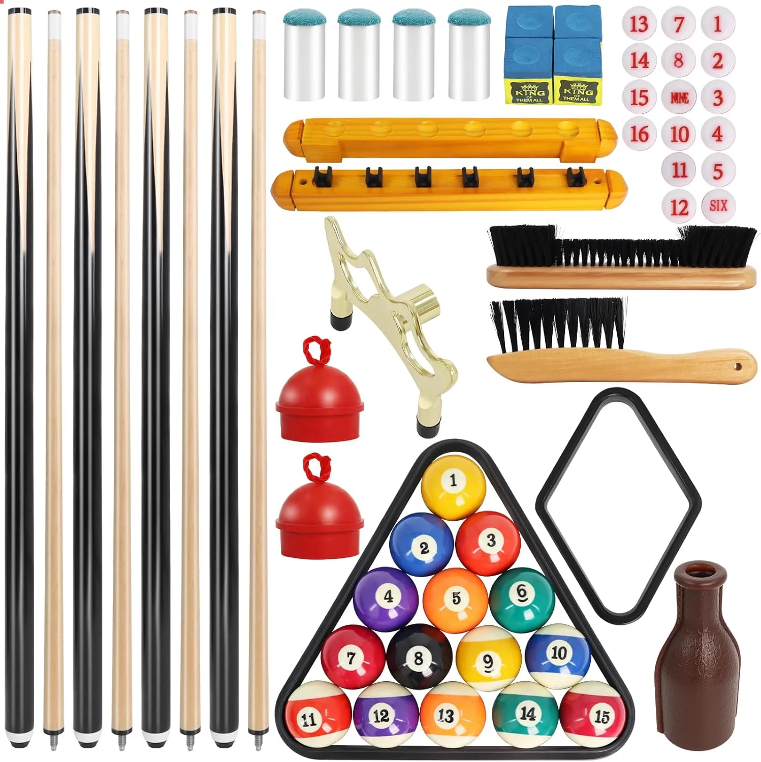 Pool Table Accessories Pool Balls Billiard Set with Triangle, Pool Balls, Triangle & Diamond Holders, Cue Chalk, Cue Tips, Sticks, and Table Brush Billiard Balls Set