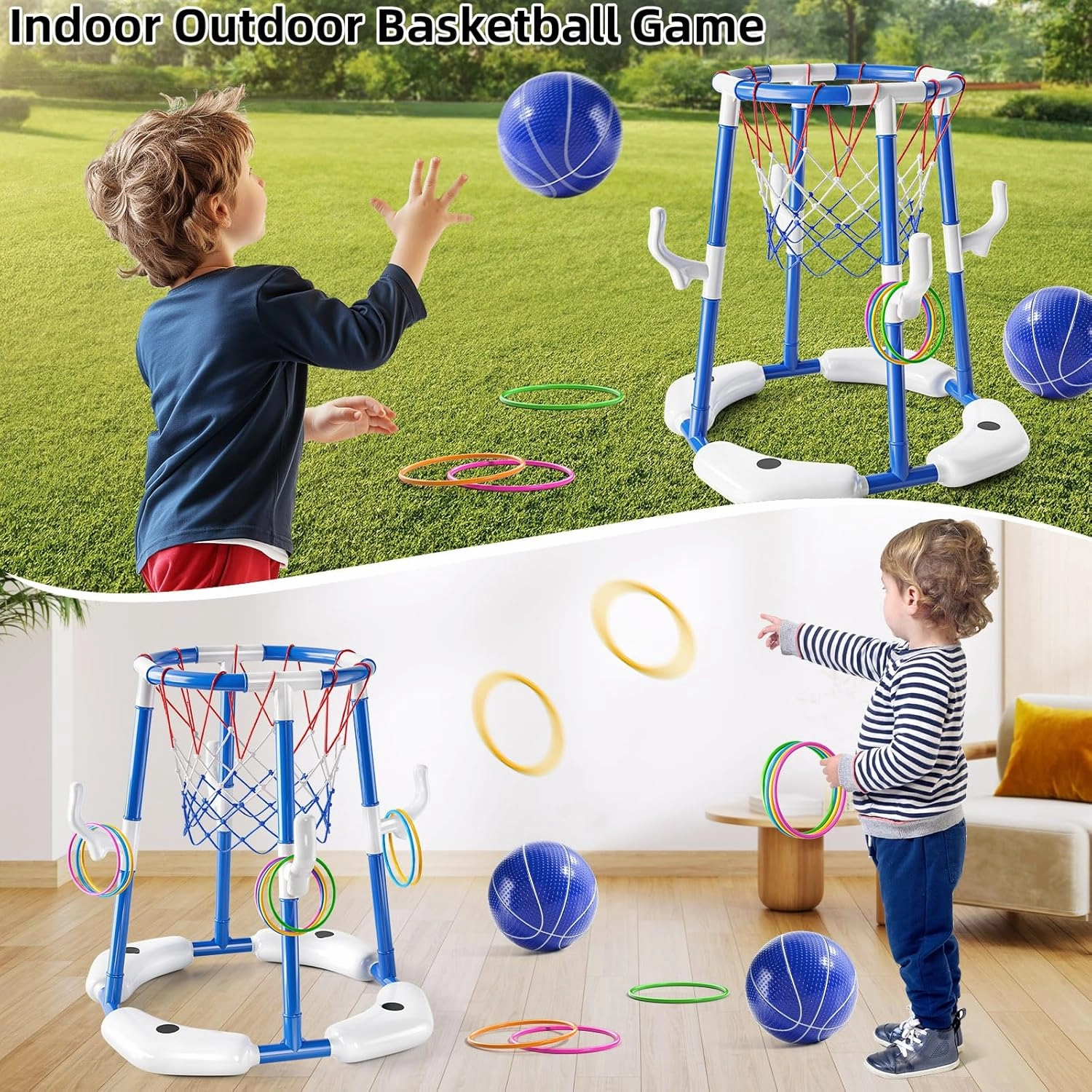 Pool Basketball Hoop, 2-in-1 Floating Pool Toys Ring Game with 4 Balls and Pump, Outdoor Swimming Pool Basketball Games Water Play Toy Family Party for Kids Adults Age 3-12 (Blue)