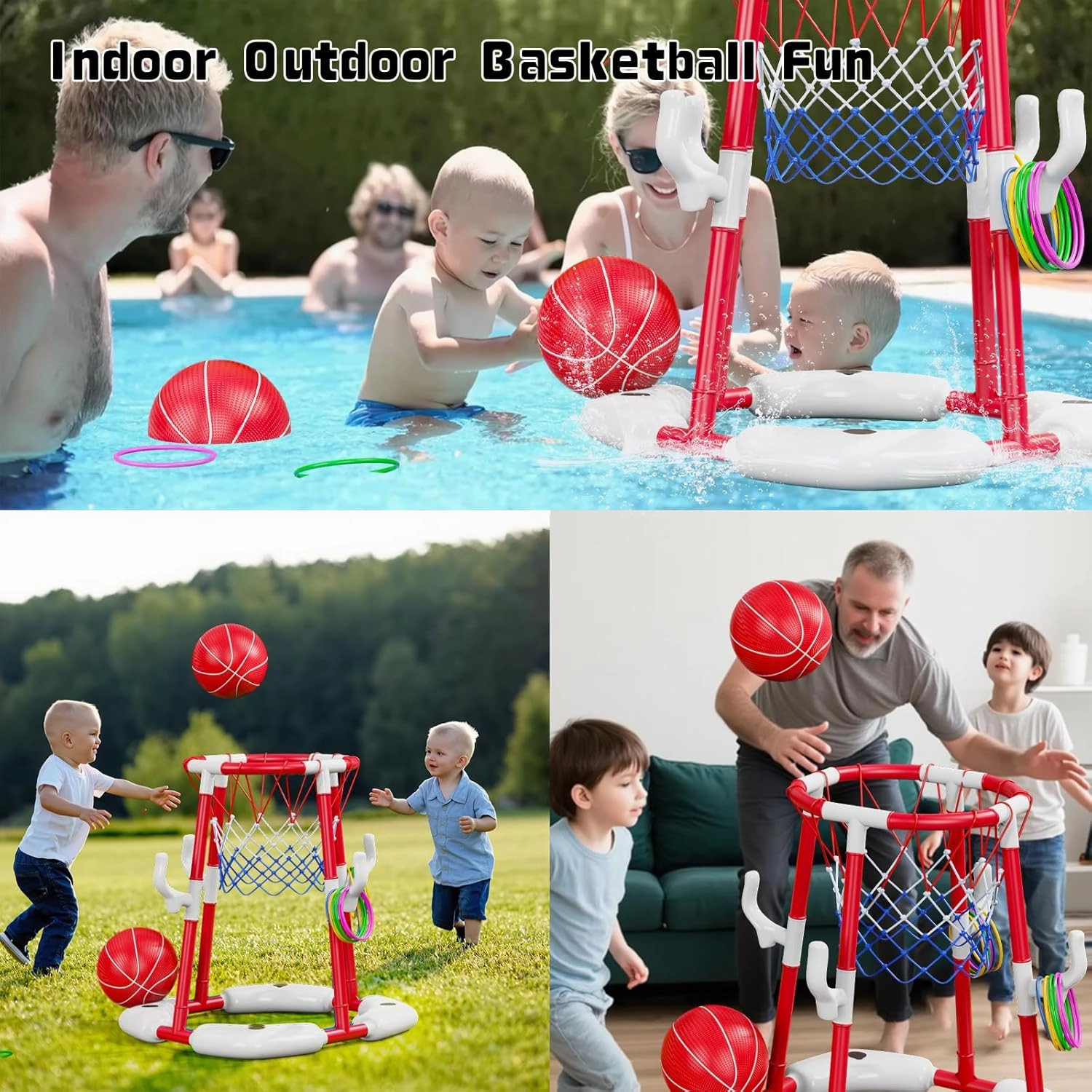 Pool Basketball Hoop 2-in-1 with 4 Balls, 12 Rings & Pump - Floating Water Basketball Set for Swimming Pool Games, Outdoor/Indoor Family Toy Kids Ages 3-12 & Adults
