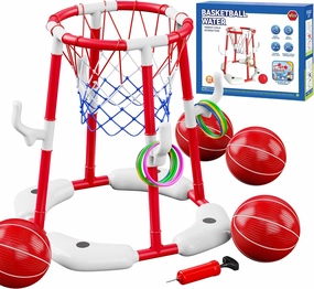 Pool Basketball Hoop 2-in-1 with 4 Balls, 12 Rings & Pump - Floating Water Basketball Set for Swimming Pool Games, Outdoor/Indoor Family Toy Kids Ages 3-12 & Adults