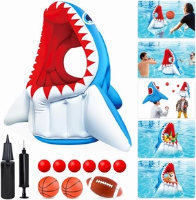 Pool Game Toys, Pool Floats Shark Water Toys| 3-in-1 Inflatable Basketball Hoop & Football & Head Hoop Ball Games, Great Gifts for Kids Adults, Indoor Outdoor Summer Beach Family Birthday Cool Party