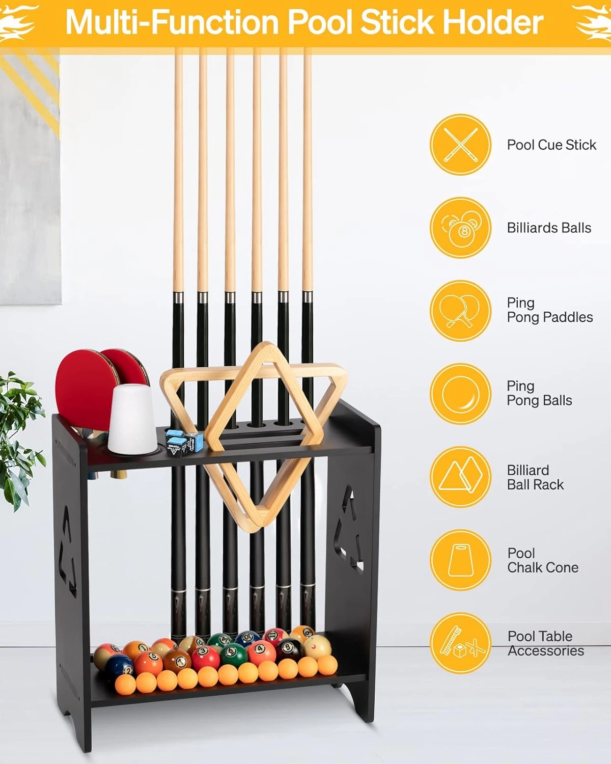 Pool Stick Holder Floor Stand- Billiards Pool Cue Rack Oak Solid Wooden Holds 9 Cues and Pool Table Accessories Organizer with Chalk Cone Holder for Game Room Club or Men Cave