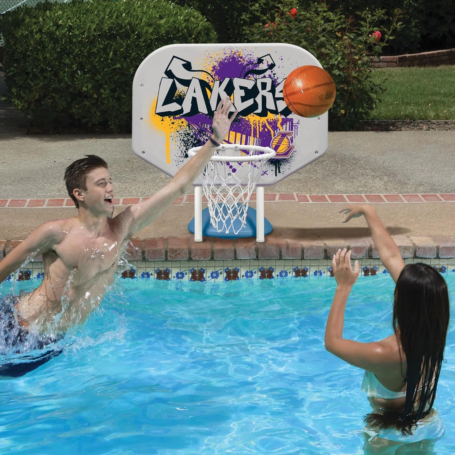 Poolmaster NBA Graffiti Pro Rebounder Poolside Basketball Goal Set with Base, Backboard, Hoop, Net, and Ball