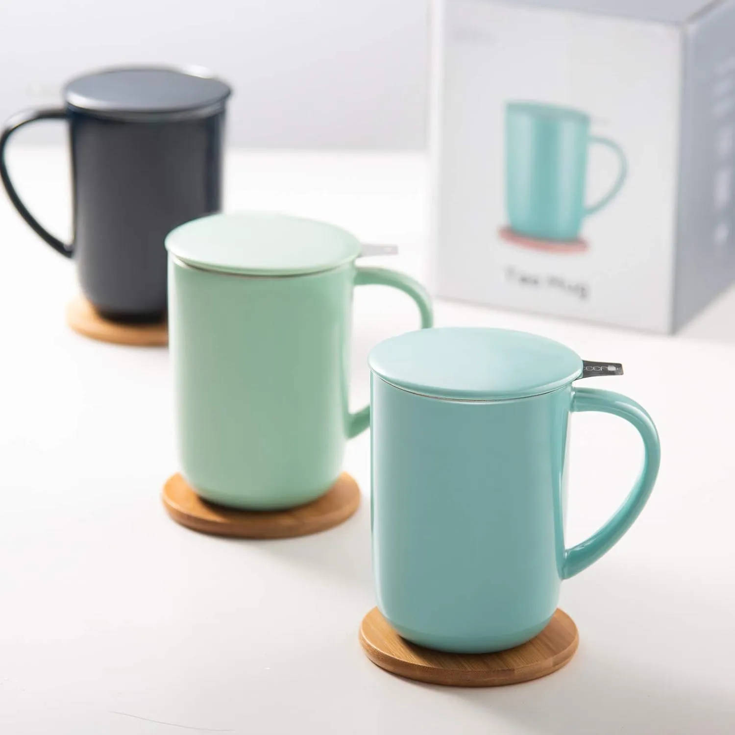 Porcelain Tea Mug with Infuser and Lid, Teaware with Filter and Coaster, Loose Leaf Tea Cup Steeper Maker, 16 OZ for Tea/Coffee/Milk/Women/Office/Home/Gift (Turquoise)