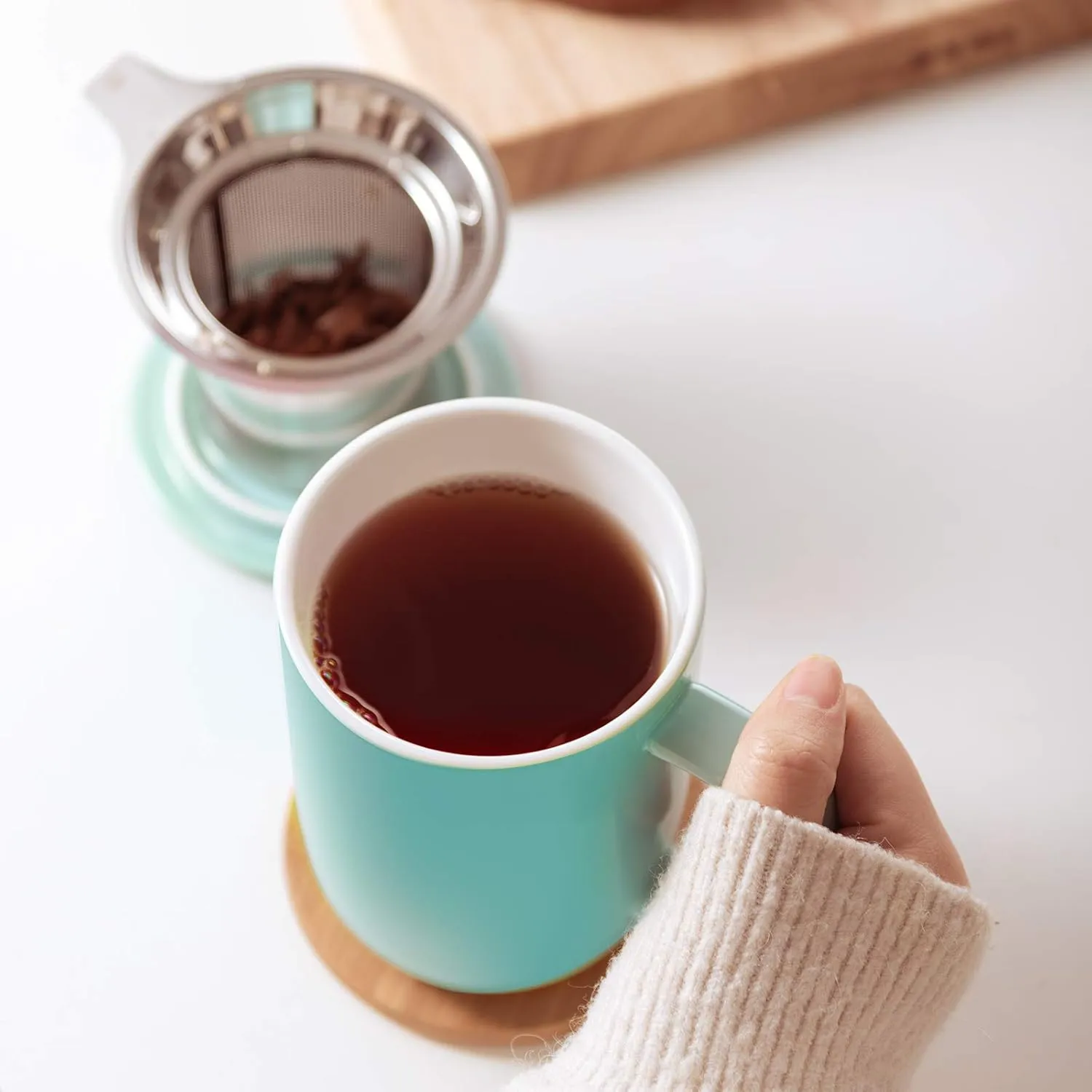 Porcelain Tea Mug with Infuser and Lid, Teaware with Filter and Coaster, Loose Leaf Tea Cup Steeper Maker, 16 OZ for Tea/Coffee/Milk/Women/Office/Home/Gift (Turquoise)