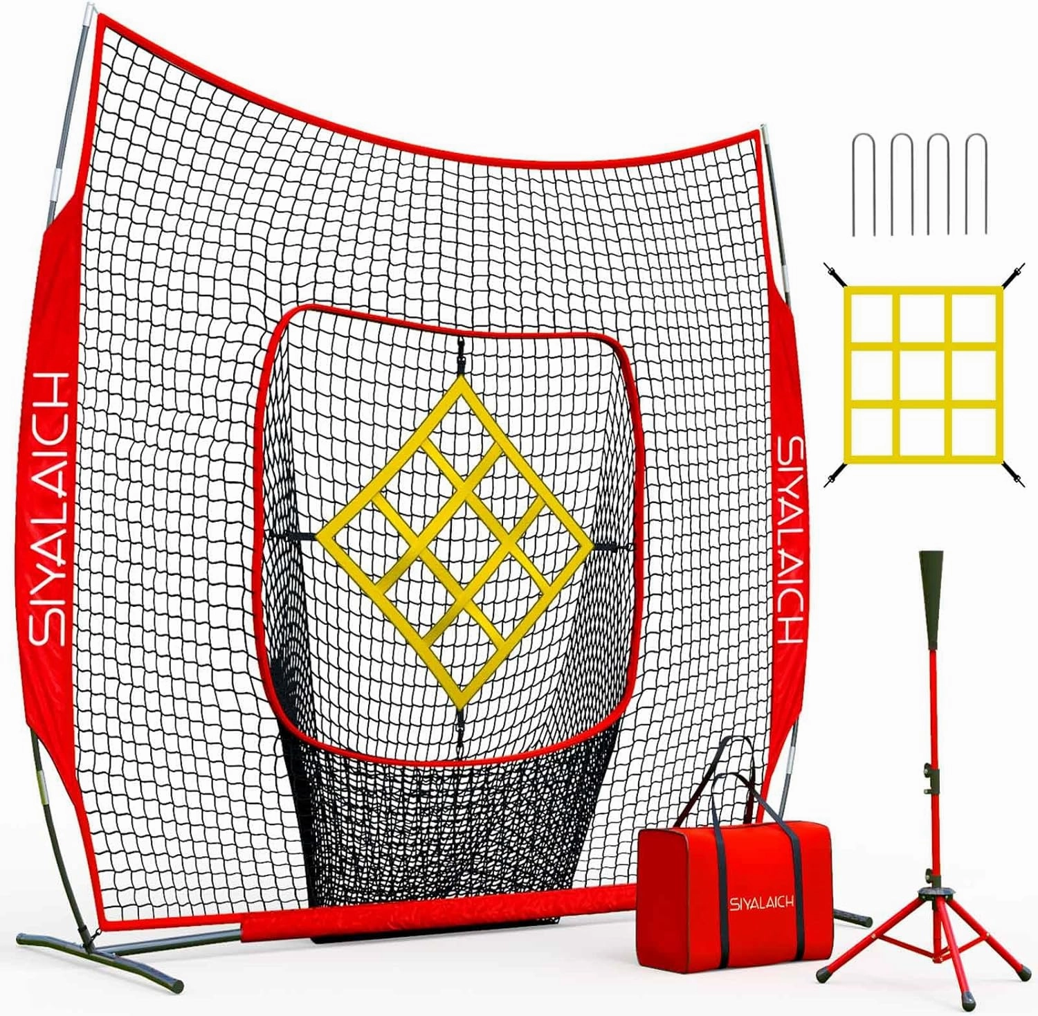 Portable Baseball Net & Softball Net 7 ftx7 ft,Baseball & Softball Tee and Net,Pitching,Batting Net,Swing Practice Net,with Strike Zone,for Kids and Adults of All Skill Levels