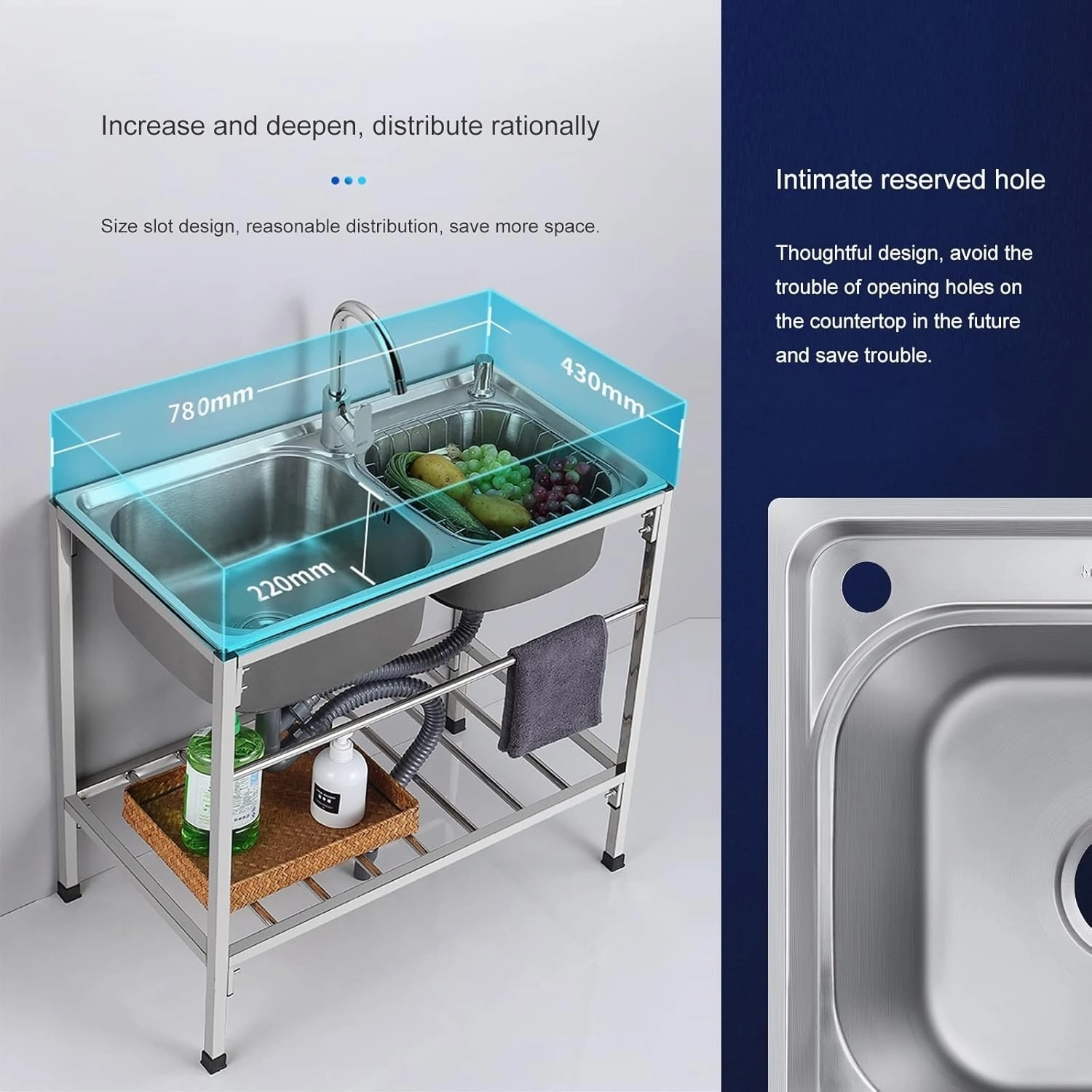 Portable Kitchen Sink Outdoor Camping Kitchen Station, Outdoor Garden Workstation sink, 304 Stainless Steel, w/Workbench & Storage, w/Faucet & Drainboard, Easy to Clean Surface (Size : 78 * 43cm)
