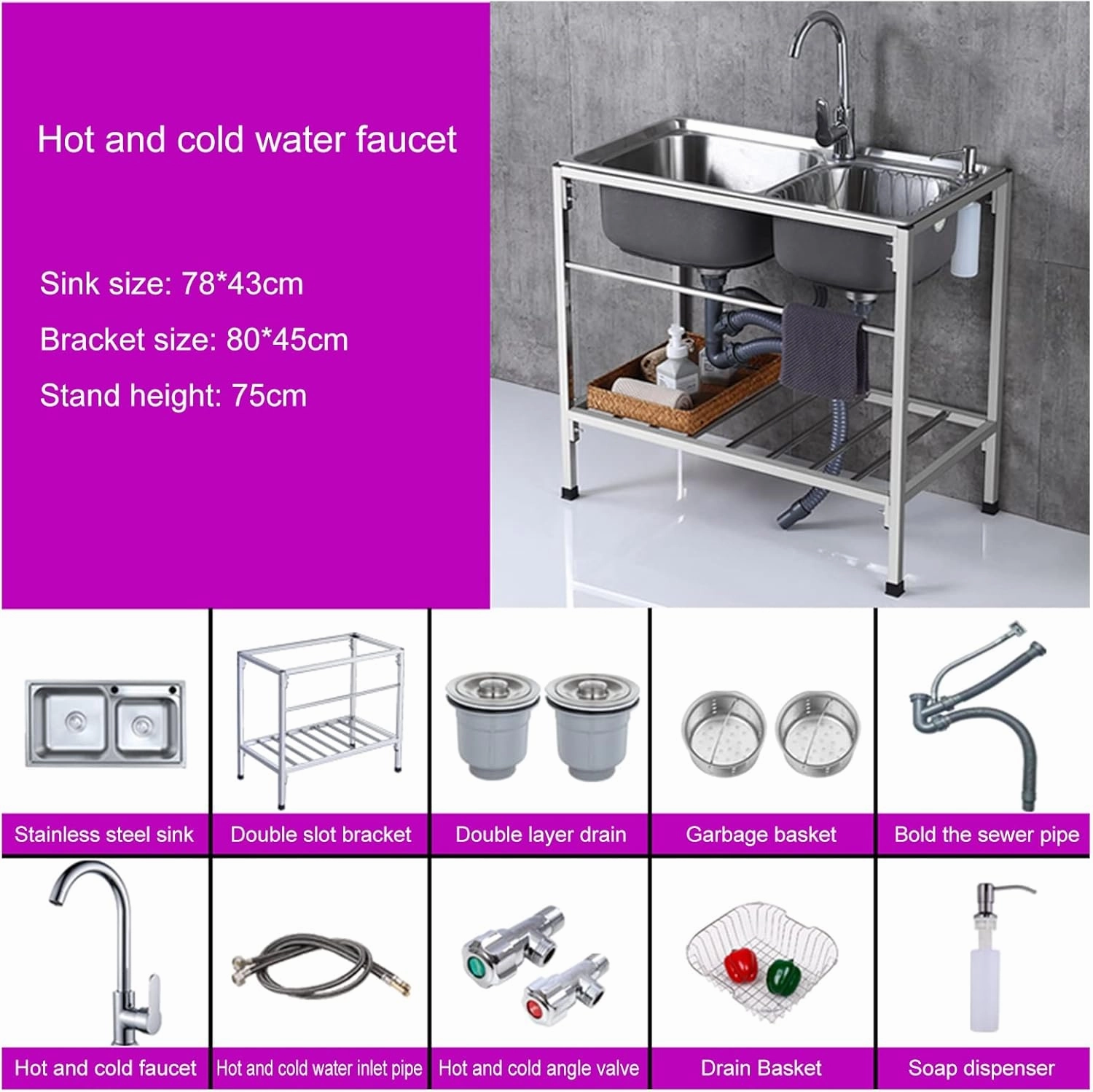 Portable Kitchen Sink Outdoor Camping Kitchen Station, Outdoor Garden Workstation sink, 304 Stainless Steel, w/Workbench & Storage, w/Faucet & Drainboard, Easy to Clean Surface (Size : 78 * 43cm)