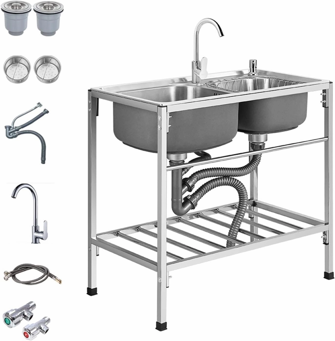 Portable Kitchen Sink Outdoor Camping Kitchen Station, Outdoor Garden Workstation sink, 304 Stainless Steel, w/Workbench & Storage, w/Faucet & Drainboard, Easy to Clean Surface (Size : 78 * 43cm)