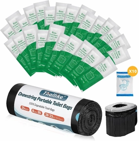 Portable Toilet bags Poo Gel Set, 8 Gallon Drawstring Camping Toilet Bags with Portable Toilet Absorbent Gel and Disposable Toilet Seat,Compostable Thicken Potty Bags for Camping Outdoor Hiking