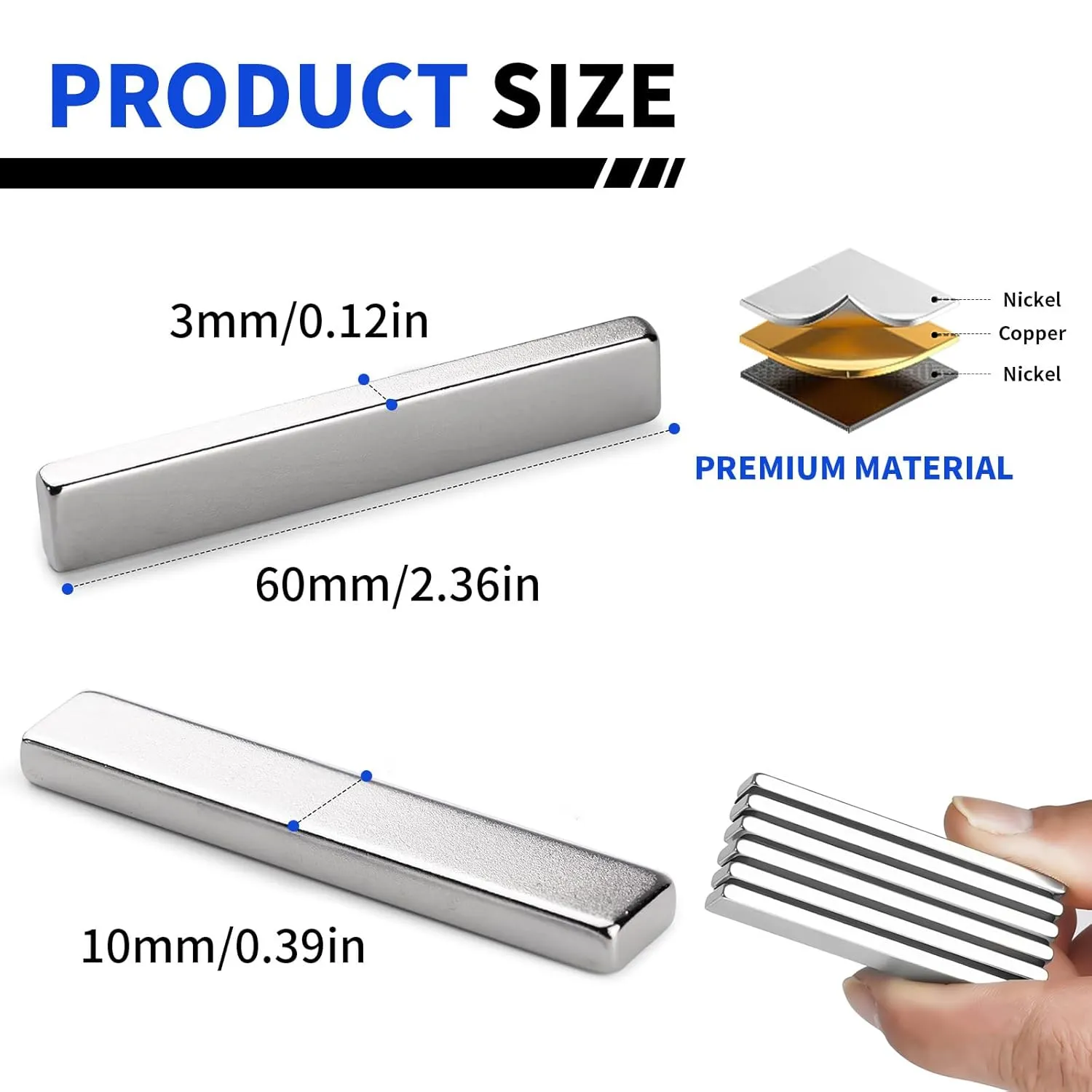 Powerful Neodymium Bar Magnets, 25 Pack Rare Earth Magnets, Heavy Duty Magnets, Rectangular Magnets, Small Magnets Strong for Fridge, DIY, Garage, Kitchen, Science, Craft, Office-60x10x3mm