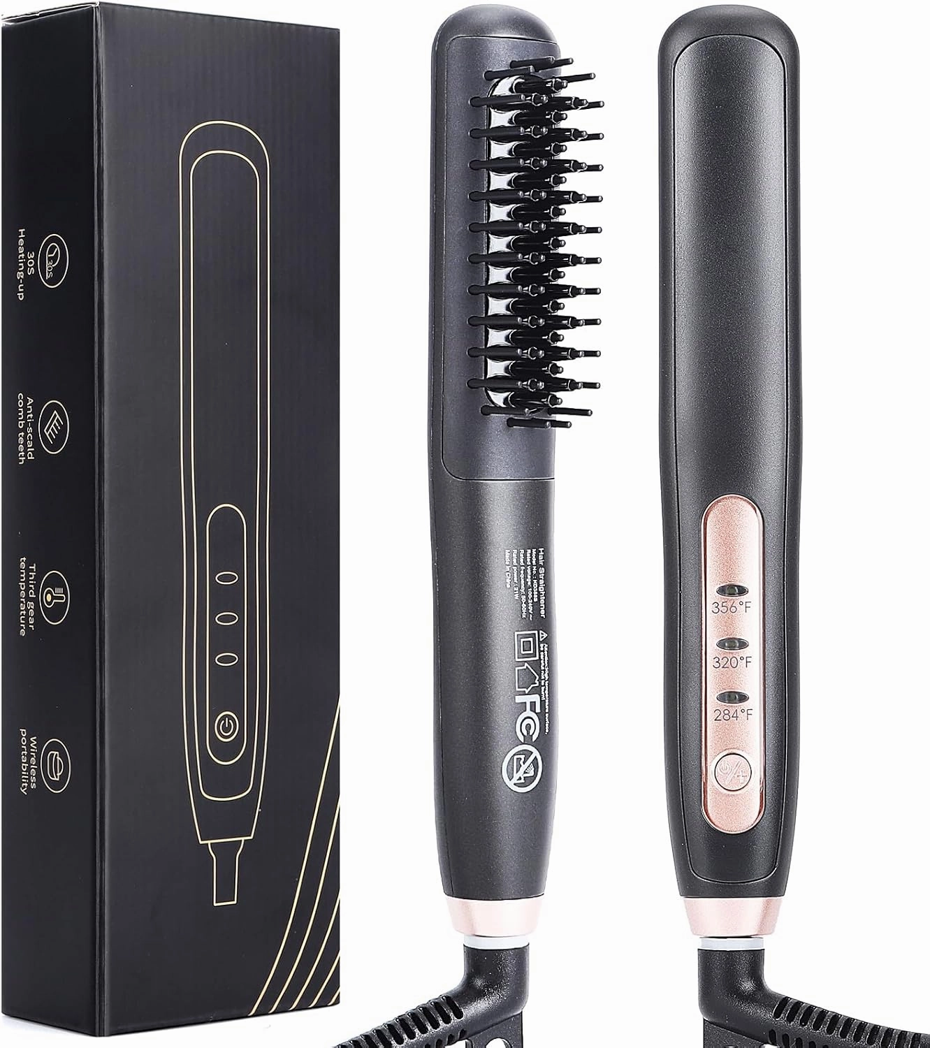 Premium Heated Beard Straightener for Men - Dual Action Brush Kit for Medium to Long Beards - Grooming Gift With Tourmaline Ceramic Brush & Hot Comb - Portable, Ionic Technology (Black)