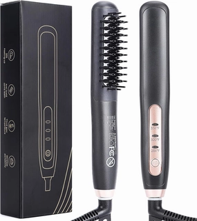 Premium Heated Beard Straightener for Men - Dual Action Brush Kit for Medium to Long Beards - Grooming Gift With Tourmaline Ceramic Brush & Hot Comb - Portable, Ionic Technology (Black)
