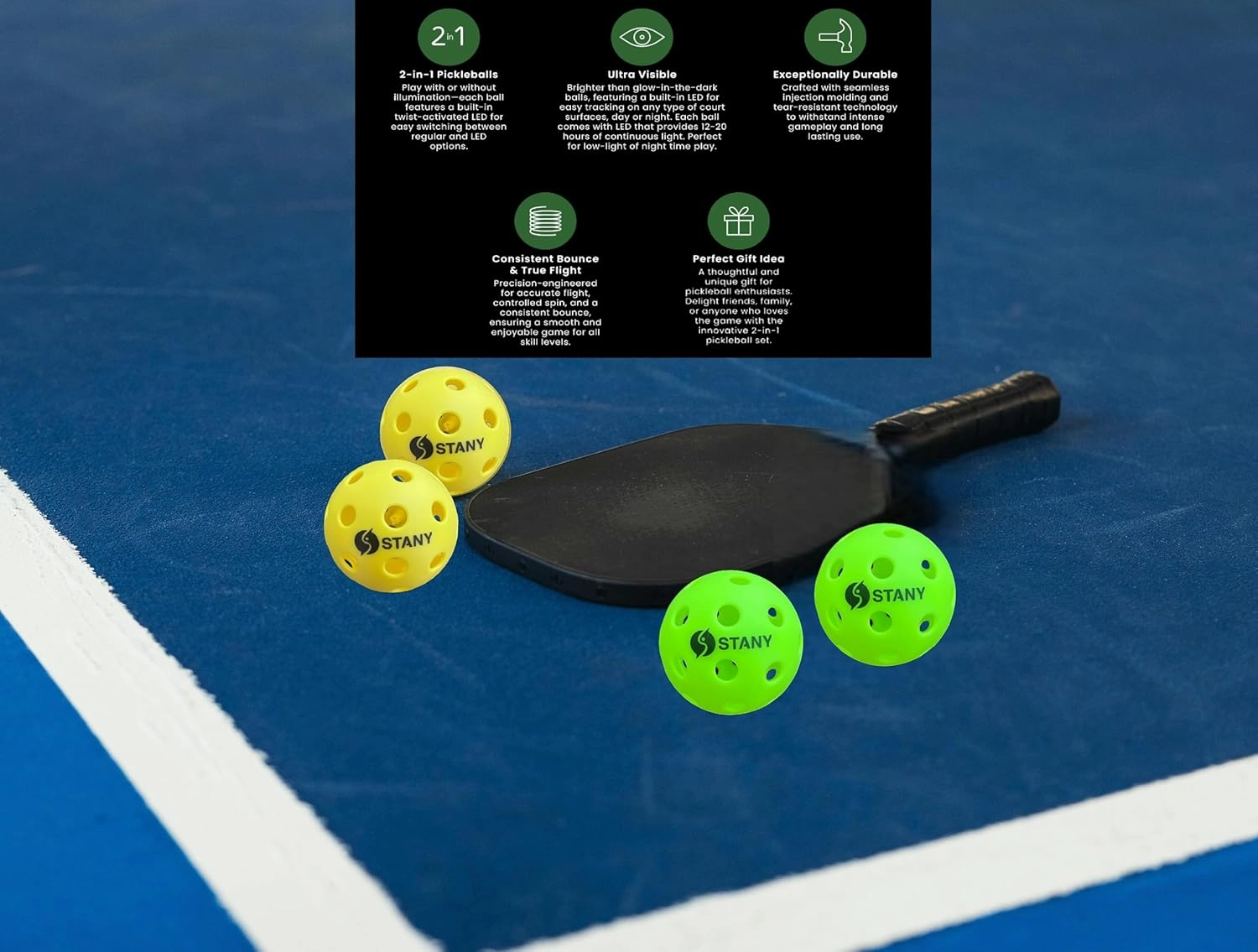 Premium LED Light-Up Pickleball Balls, for Nighttime Play, Glow in The Dark, Luminous, 40 Hole Pickleballs, Indoor/Outdoor, Ultra Visible, Consistent Bounce, USAPA Official Size, Gift, 6 Pack