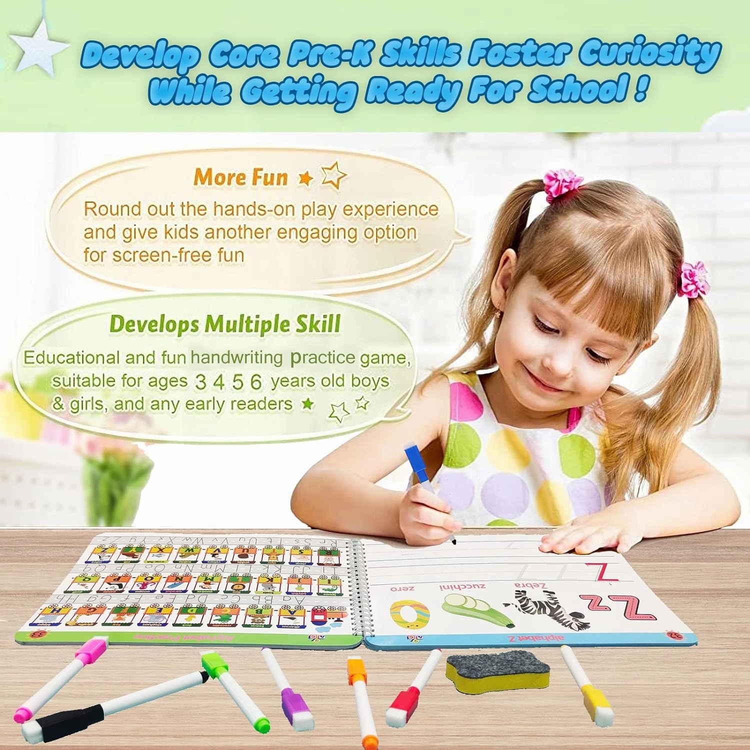 Preschool Learning Activities Educational Workbook - Toddler Prek Montessori Handwriting Practice Activity Tracing Toys Busy Book for Kids, Autism Learning Materials and ABC Learning Book