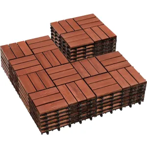 PrimeZone 27 PCS Solid Acacia Wood Interlocking Patio Deck Tiles - 12" x 12" Indoor Outdoor Waterproof Flooring Tiles for Balcony, Backyard & Poolside, All Weather Use, Brown, Checker