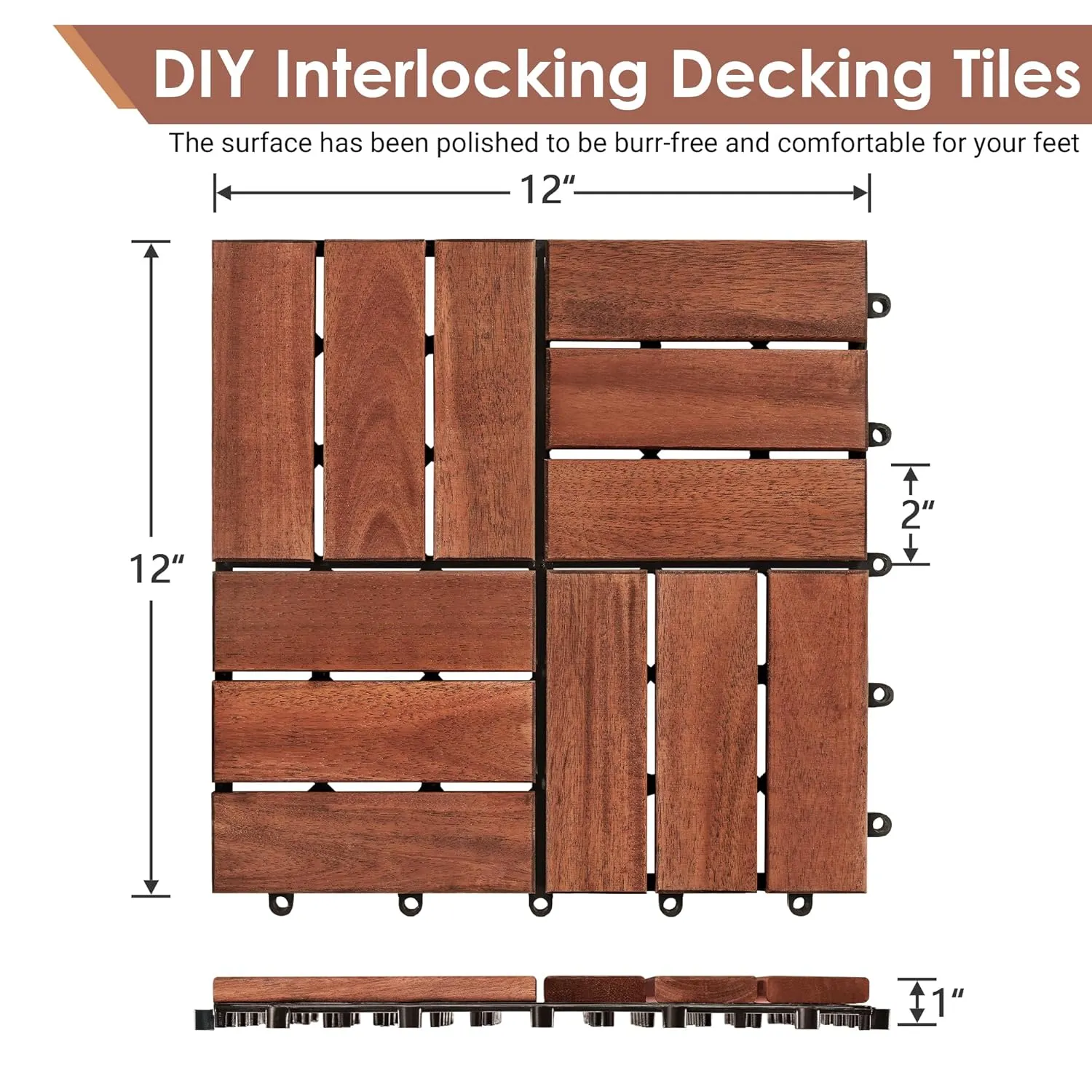 PrimeZone 27 PCS Solid Acacia Wood Interlocking Patio Deck Tiles - 12" x 12" Indoor Outdoor Waterproof Flooring Tiles for Balcony, Backyard & Poolside, All Weather Use, Brown, Checker
