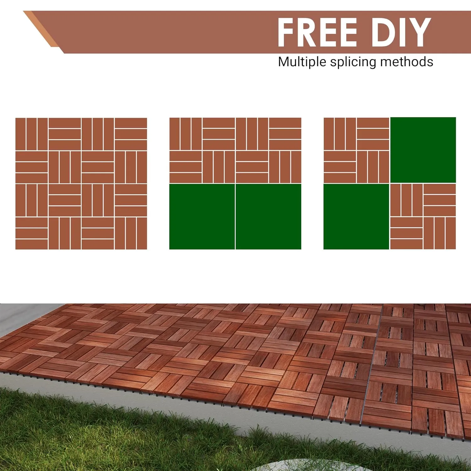 PrimeZone 27 PCS Solid Acacia Wood Interlocking Patio Deck Tiles - 12" x 12" Indoor Outdoor Waterproof Flooring Tiles for Balcony, Backyard & Poolside, All Weather Use, Brown, Checker