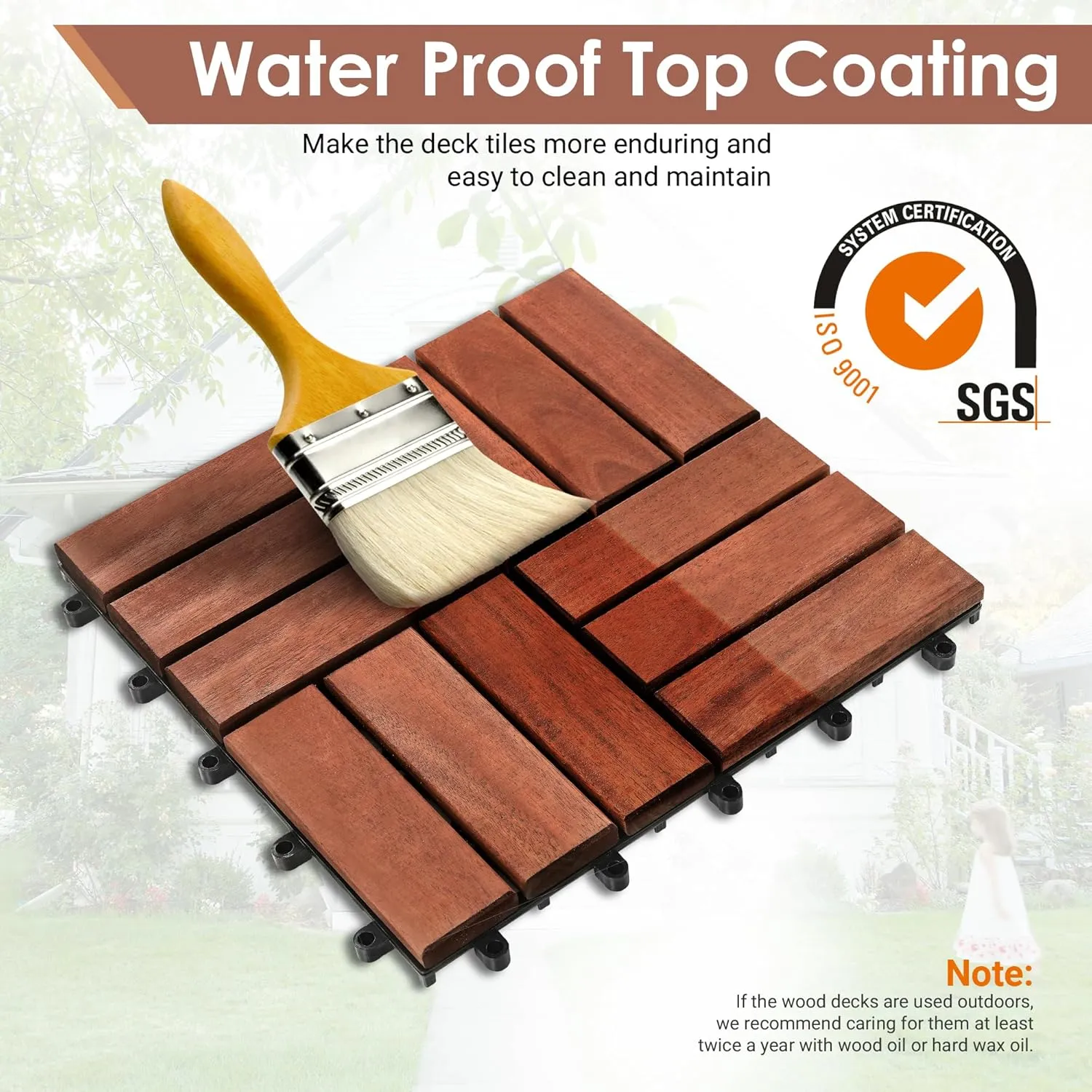 PrimeZone 27 PCS Solid Acacia Wood Interlocking Patio Deck Tiles - 12" x 12" Indoor Outdoor Waterproof Flooring Tiles for Balcony, Backyard & Poolside, All Weather Use, Brown, Checker