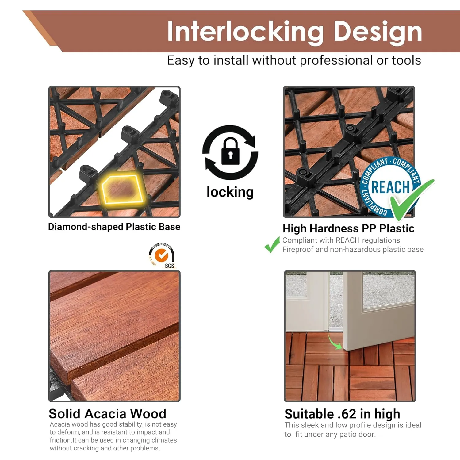 PrimeZone 27 PCS Solid Acacia Wood Interlocking Patio Deck Tiles - 12" x 12" Indoor Outdoor Waterproof Flooring Tiles for Balcony, Backyard & Poolside, All Weather Use, Brown, Checker