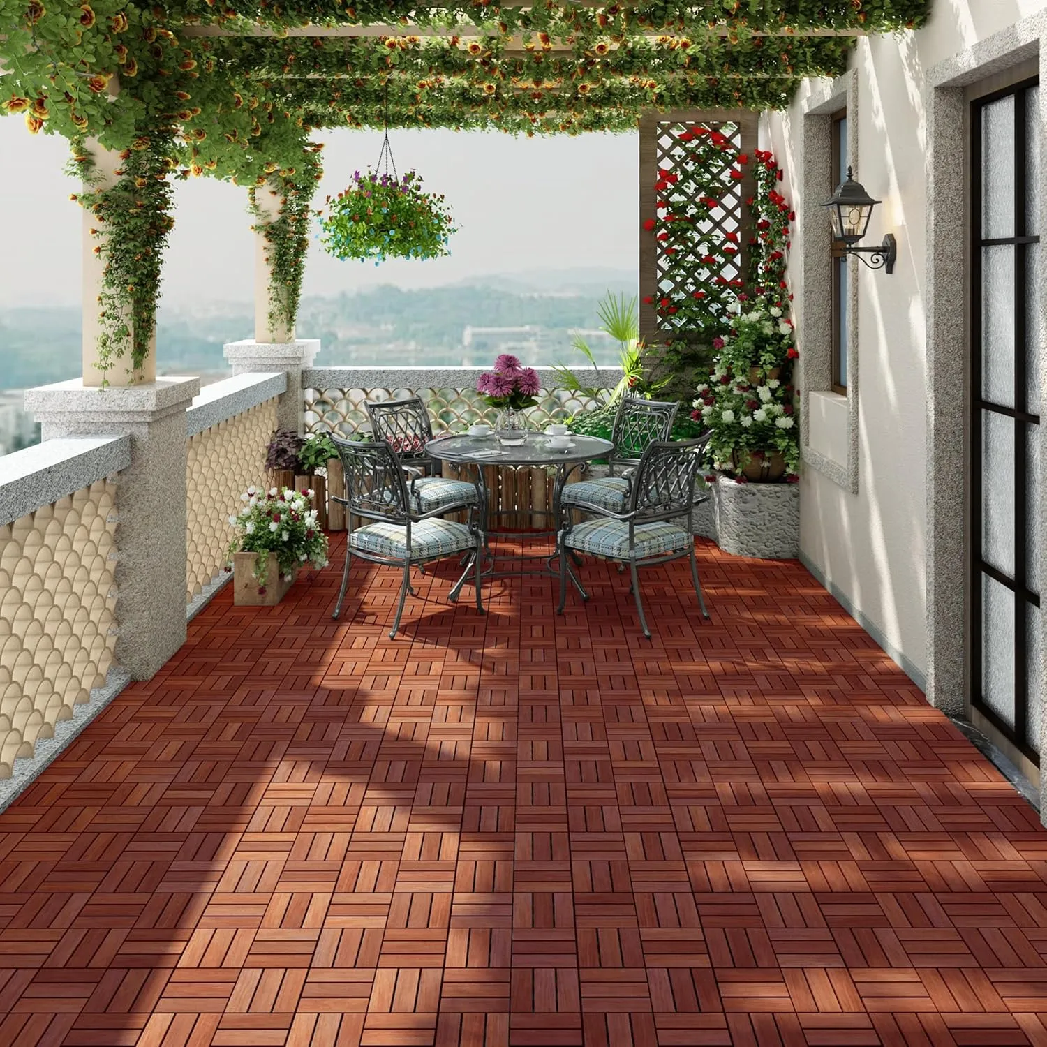PrimeZone 27 PCS Solid Acacia Wood Interlocking Patio Deck Tiles - 12" x 12" Indoor Outdoor Waterproof Flooring Tiles for Balcony, Backyard & Poolside, All Weather Use, Brown, Checker