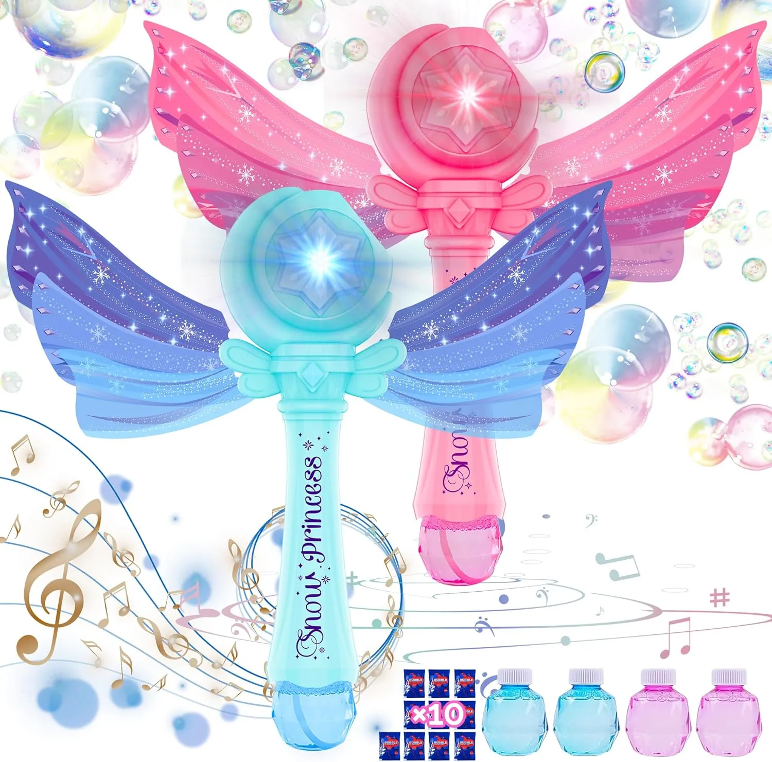 Princess Bubble Wand Set of 2 for Boys and Girls Gift Aged 3-8,Automatic Bubble Machine Blower Toys with Light and Music for Outdoor Party Wedding Birthday Gift,4 Bottles of Bubble Solution Included
