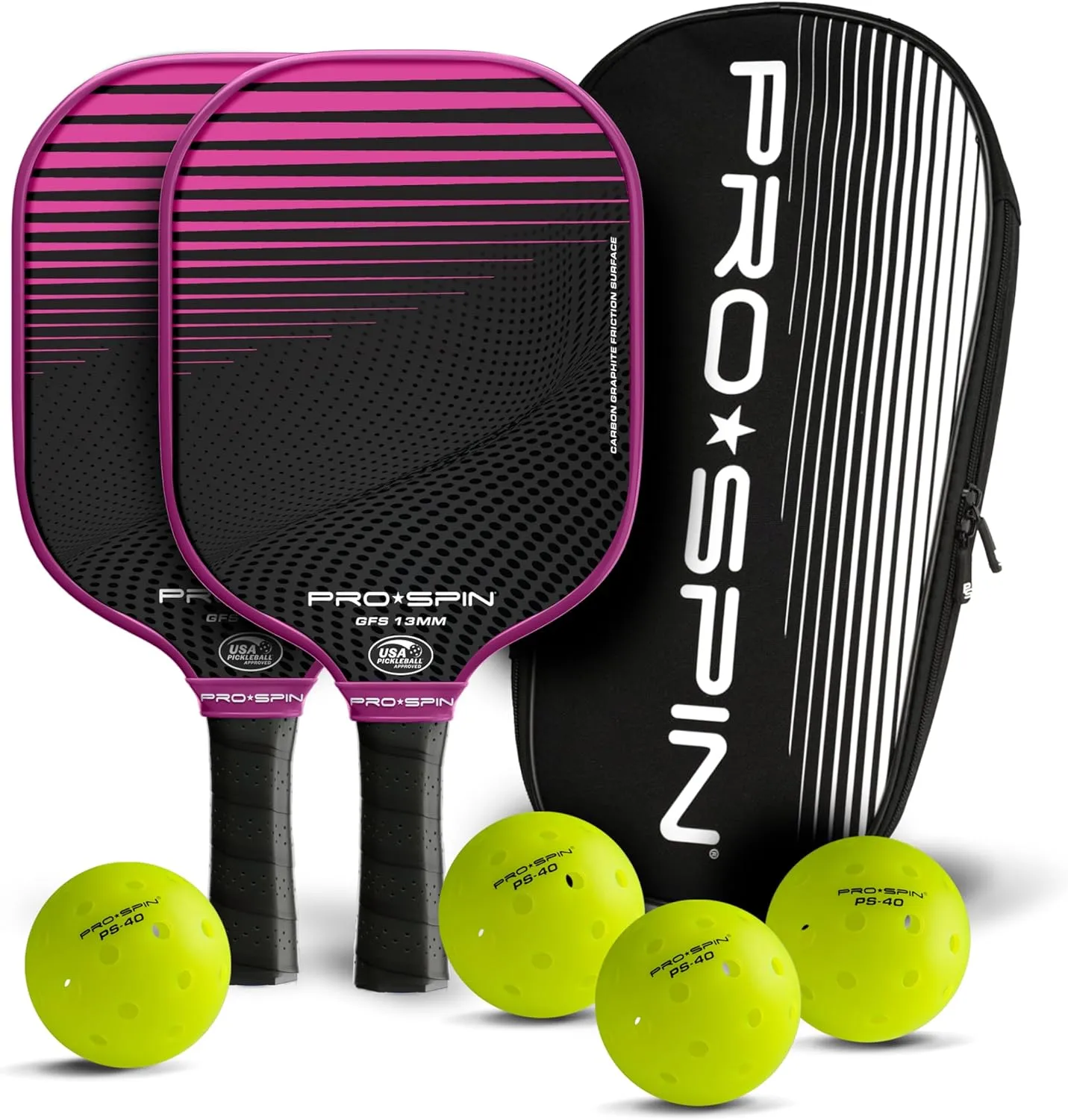 PRO SPIN Pickleball Paddles - Set of 2 USAPA-Approved Graphite Carbon Pickle Ball Paddles, 4 High-Performance Pickleball Balls, Durable Bag for Rackets & Balls - Great Gift
