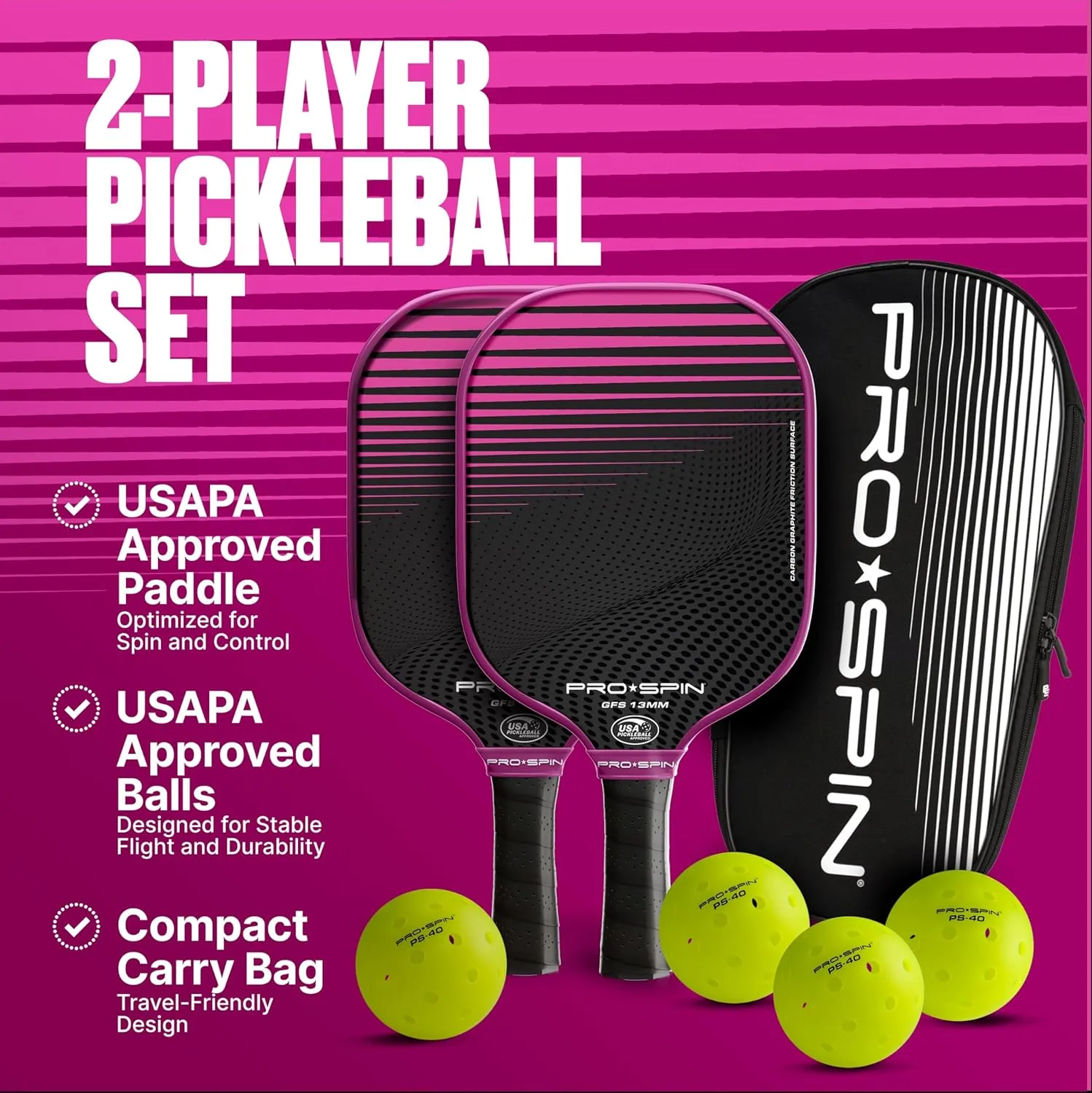 PRO SPIN Pickleball Paddles - Set of 2 USAPA-Approved Graphite Carbon Pickle Ball Paddles, 4 High-Performance Pickleball Balls, Durable Bag for Rackets & Balls - Great Gift