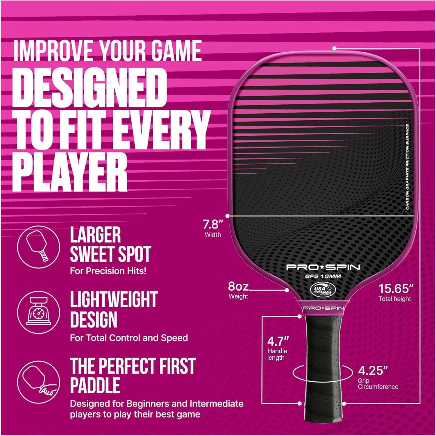 PRO SPIN Pickleball Paddles - Set of 2 USAPA-Approved Graphite Carbon Pickle Ball Paddles, 4 High-Performance Pickleball Balls, Durable Bag for Rackets & Balls - Great Gift