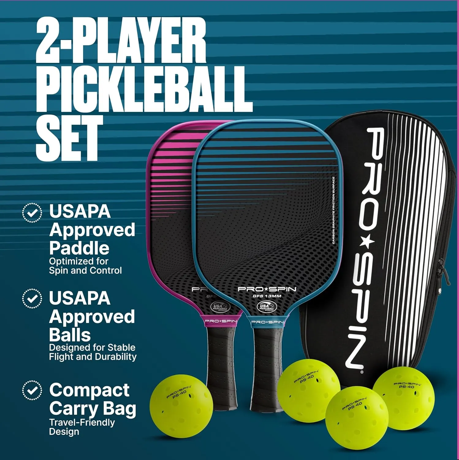 PRO SPIN Pickleball Paddles - Set of 2 USAPA-Approved Graphite Carbon Pickle Ball Paddles, 4 High-Performance Pickleball Balls, Durable Bag for Rackets & Balls - Great Gift