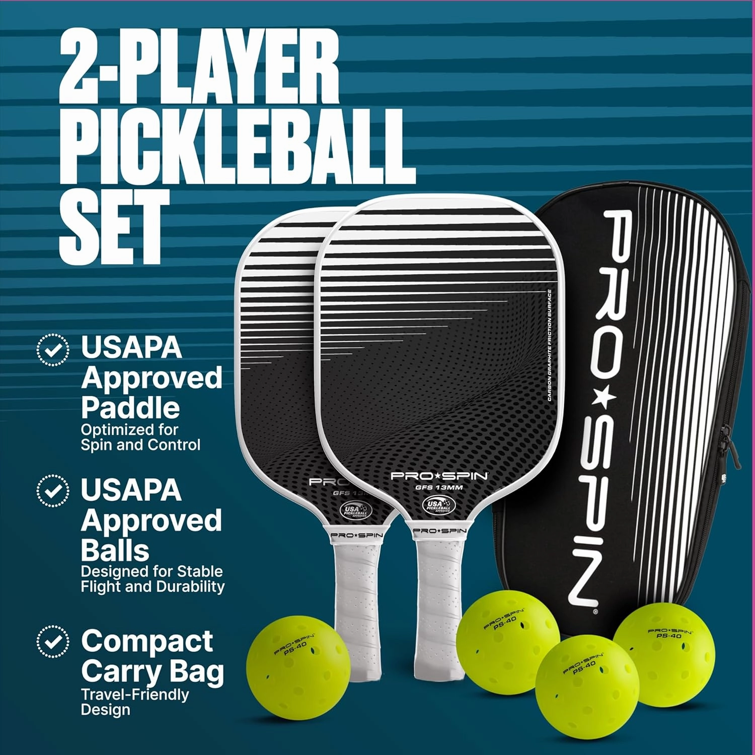 PRO SPIN Pickleball Paddles - Set of 2 USAPA-Approved Graphite Carbon Pickle Ball Paddles, 4 High-Performance Pickleball Balls, Durable Bag for Rackets & Balls - Great Gift