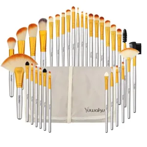 professional makeup brush set with eco-friendly wooden handles and bag beige