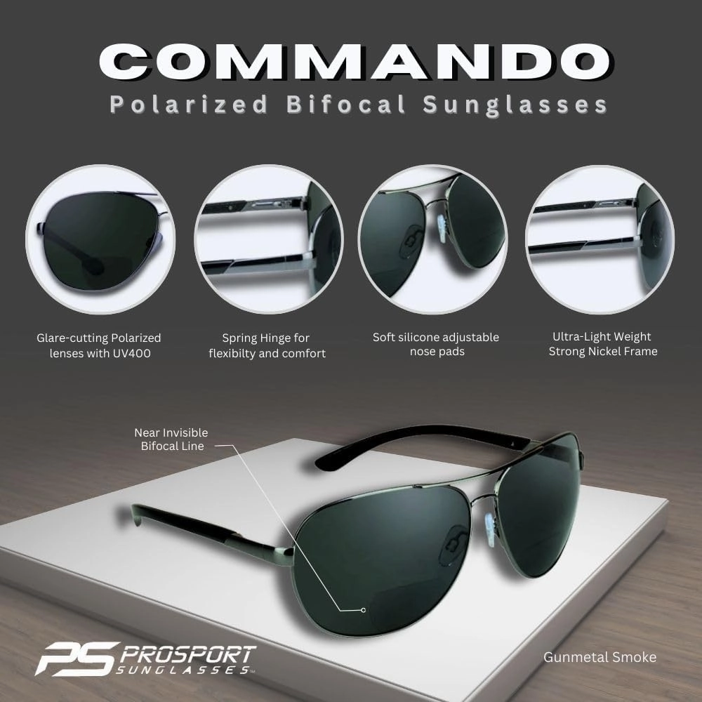 proSPORT Aviator Polarized Bifocal Sunglass Readers Men Women Deep Sea Fishing Spring Hinge Med - XL Heads