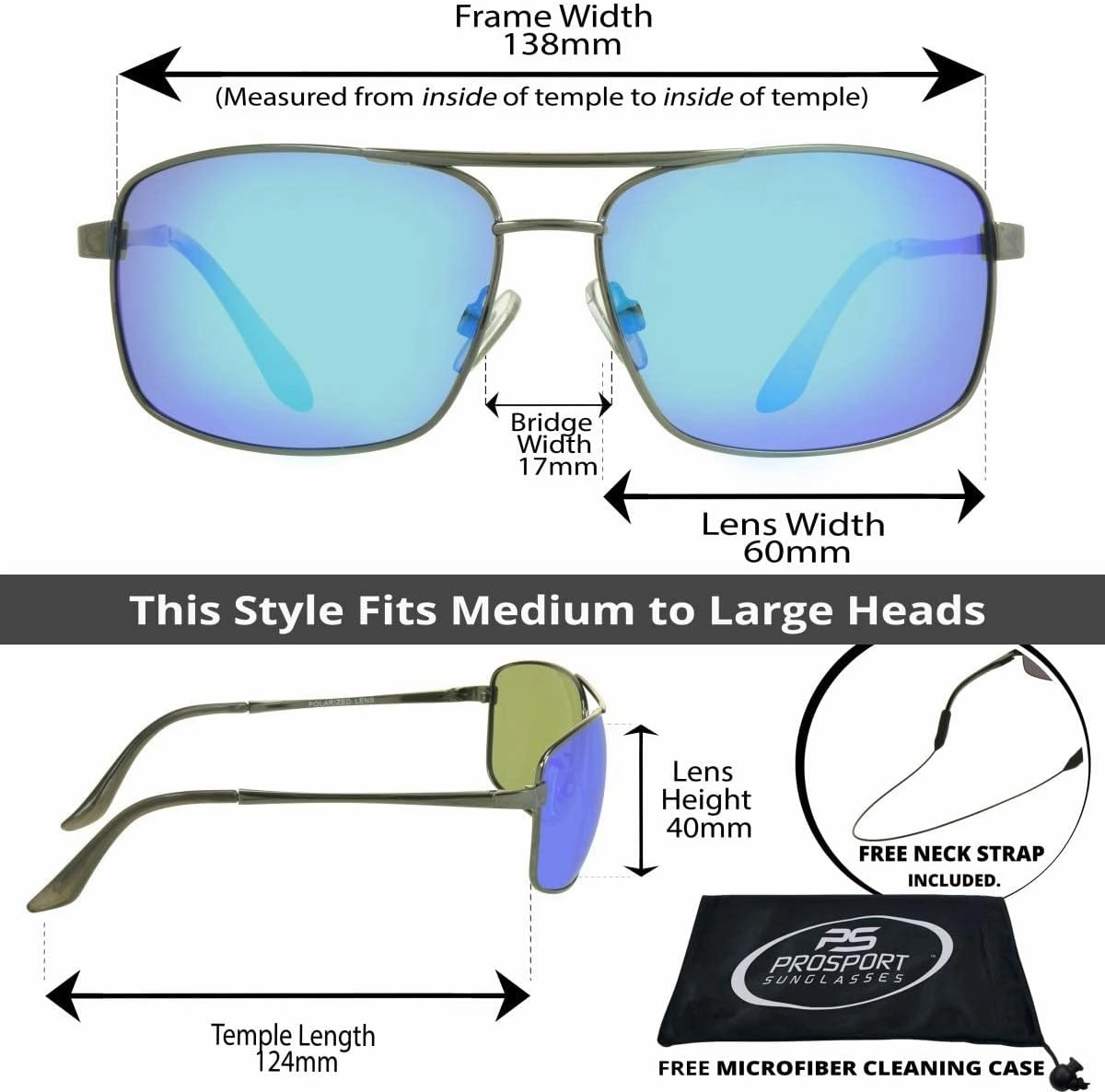 proSPORT Polarized Aviator Mirror Sunglass with Strap Men Anti-Glare Blue Gold Orange Green Flashed Mirrored Lens