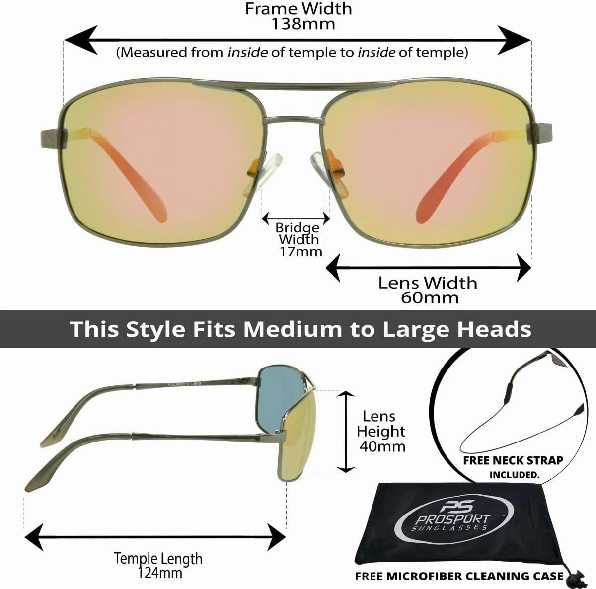 proSPORT Polarized Aviator Mirror Sunglass with Strap Men Anti-Glare Blue Gold Orange Green Flashed Mirrored Lens