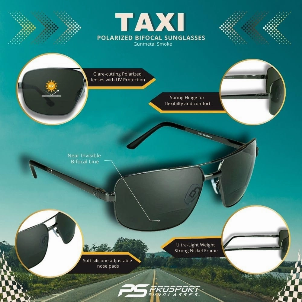 proSPORT Square Aviator Polarized Bifocal Sunglasses Readers Rectangle Fishing Driving Boating Metal Dark Grey Men Women