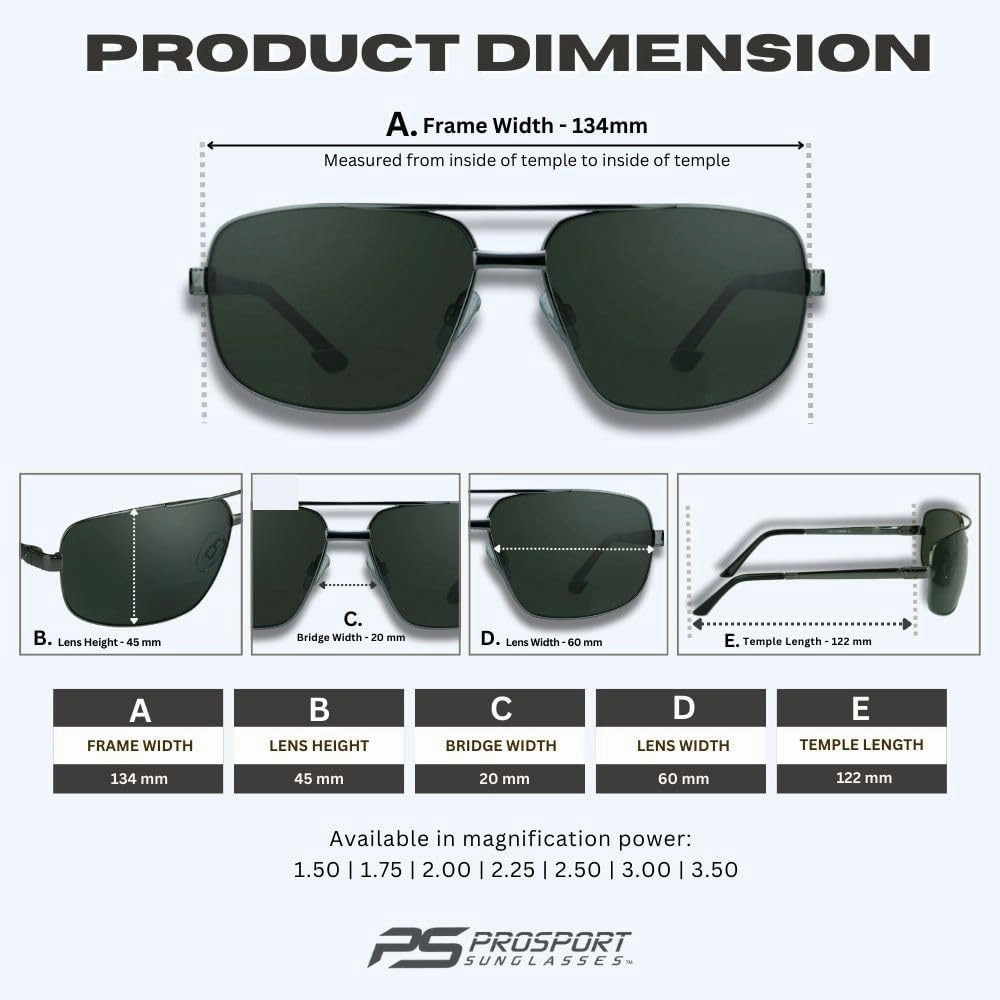 proSPORT Square Aviator Polarized Bifocal Sunglasses Readers Rectangle Fishing Driving Boating Metal Dark Grey Men Women