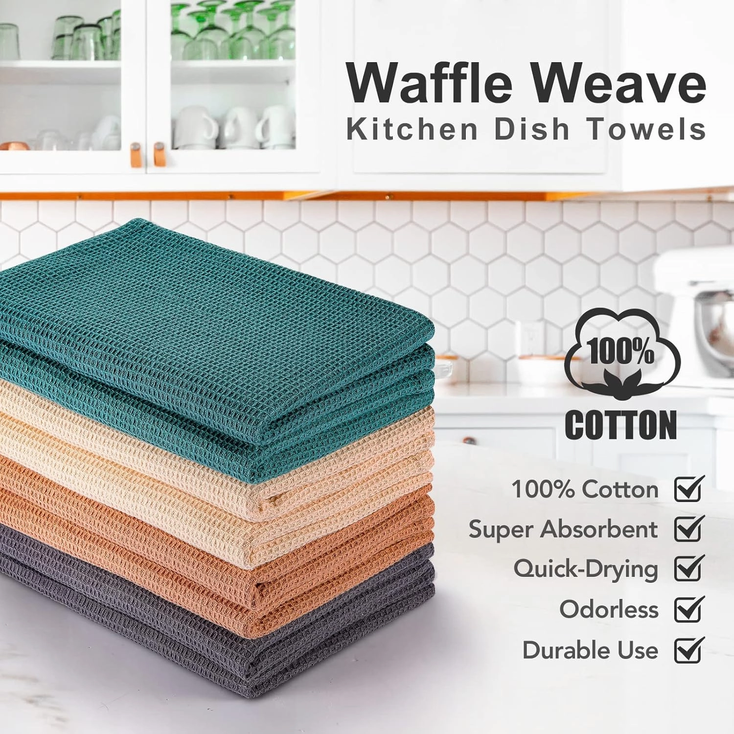 PY HOME & SPORTS 8 Pack Cotton Waffle Weave Kitchen Towels 17 x 25, Super Absorbent Kitchen Hand Dish Cloths for Drying and Cleaning (Beige, Khaki, Teal, Dark Grey)