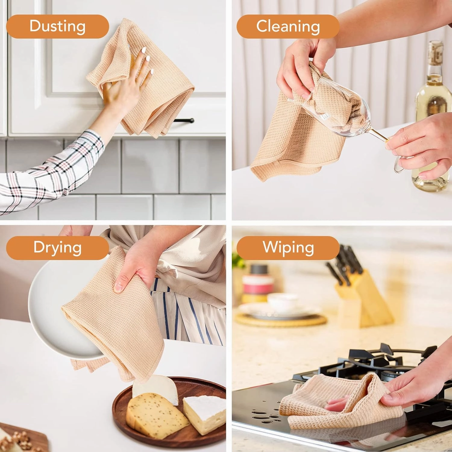 PY HOME & SPORTS 8 Pack Cotton Waffle Weave Kitchen Towels 17 x 25, Super Absorbent Kitchen Hand Dish Cloths for Drying and Cleaning (Beige, Khaki, Teal, Dark Grey)