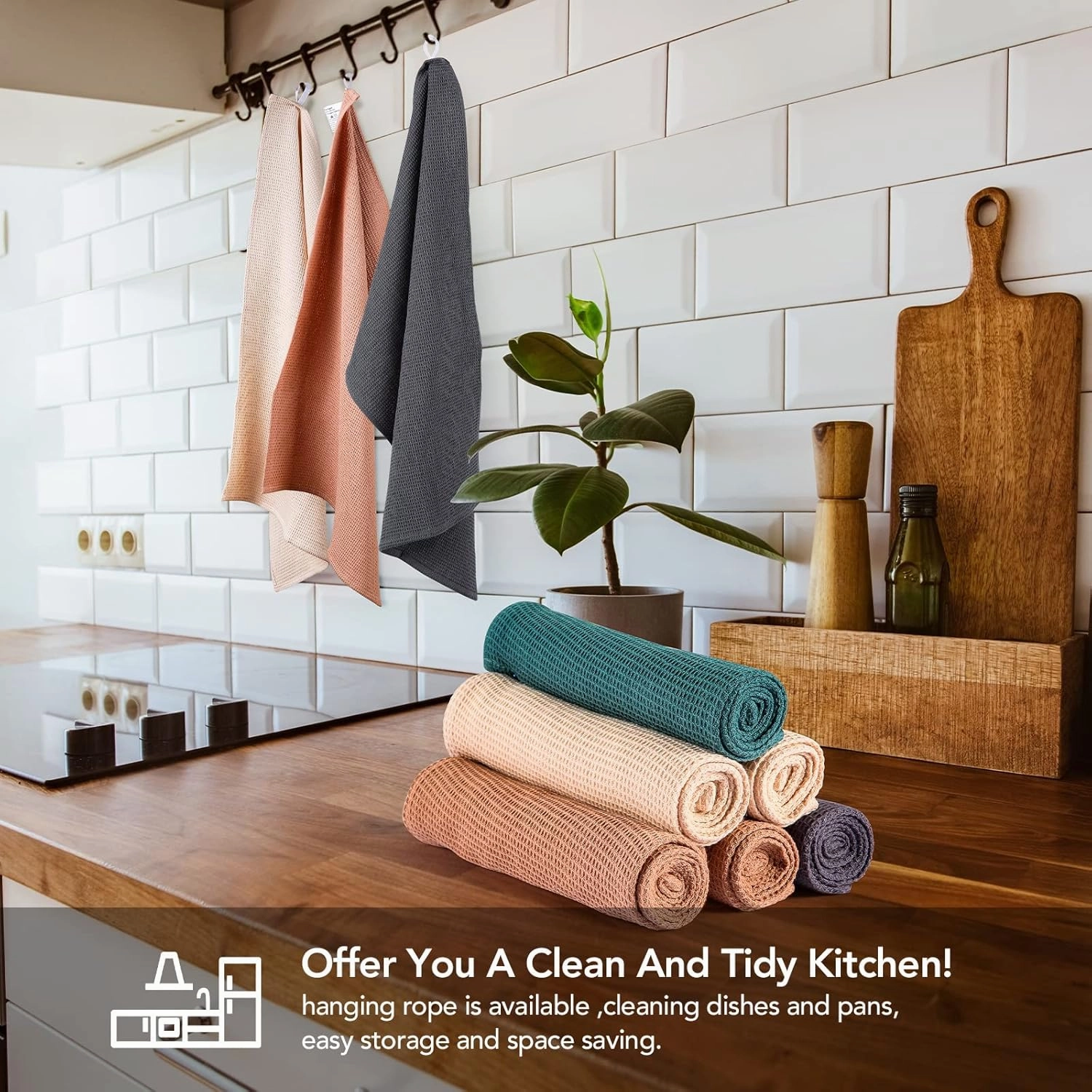 PY HOME & SPORTS 8 Pack Cotton Waffle Weave Kitchen Towels 17 x 25, Super Absorbent Kitchen Hand Dish Cloths for Drying and Cleaning (Beige, Khaki, Teal, Dark Grey)