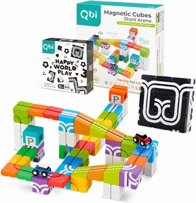 QBI Toy 2 Sets Combo | Stunt Arena & Happy World Play, Magnet Building Tiles, Colorful Blocks Construction Educational STEM Toys with Kids car for 4  Year Old Boys & Girls (46 pcs  9 pcs)
