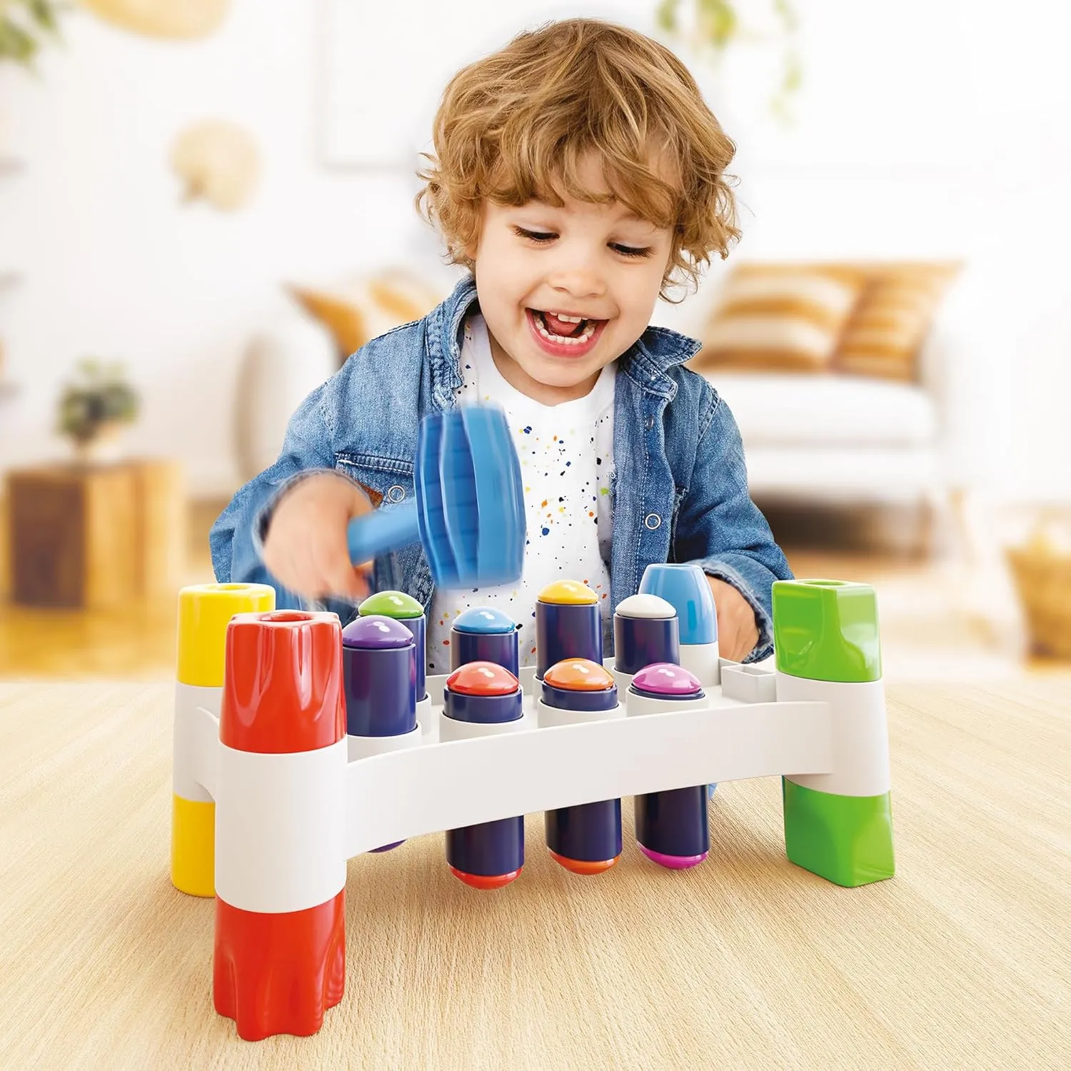 Quercetti: Hammer Peggy - Classic Peg Pounding Bench Toy, Interactive & Colorful, Raise & Lower The Sturdy Board, Cause-Effect Play, Toddler-Kid 18mo 