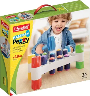 Quercetti: Hammer Peggy - Classic Peg Pounding Bench Toy, Interactive & Colorful, Raise & Lower The Sturdy Board, Cause-Effect Play, Toddler-Kid 18mo 