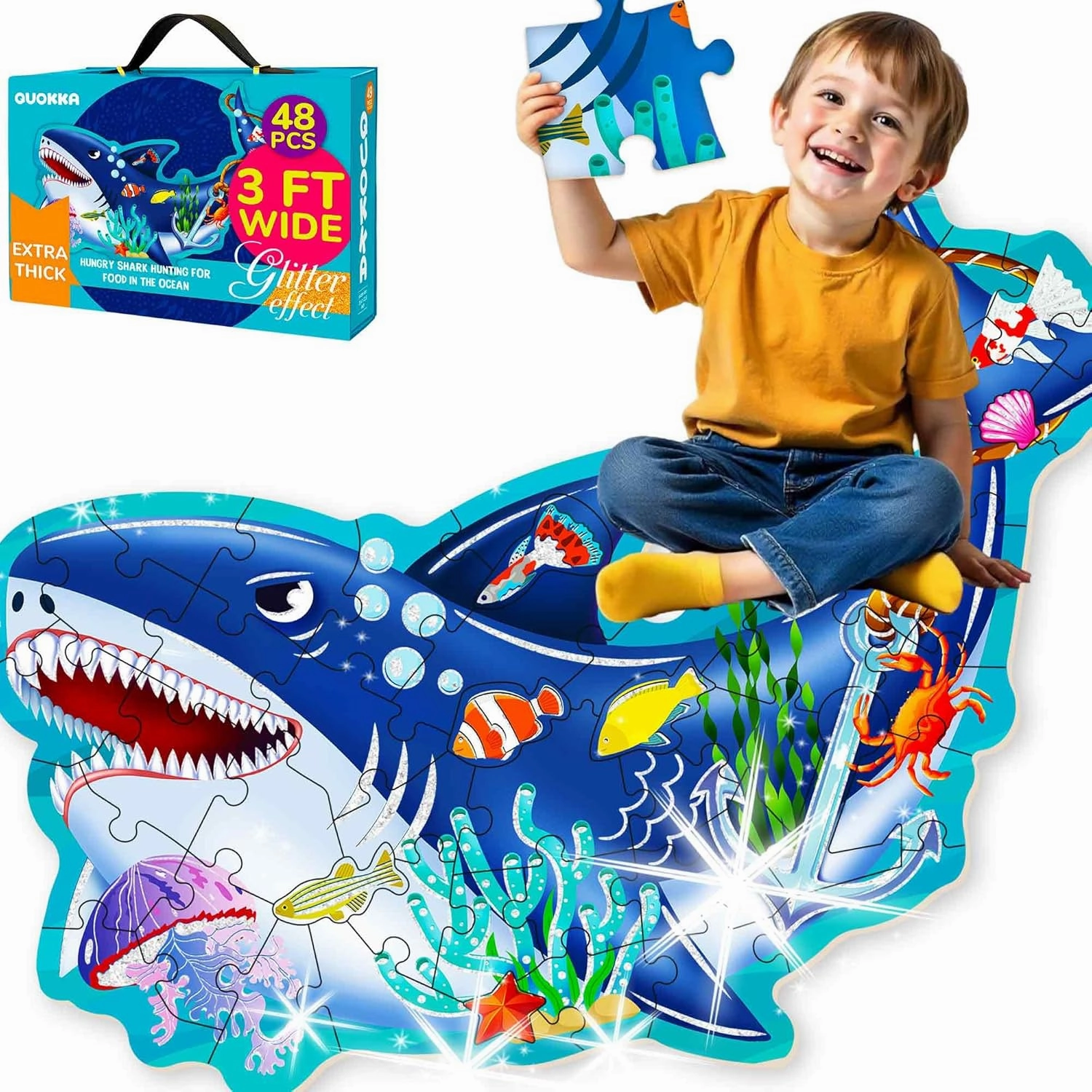 QUOKKA Glitter Floor Puzzles for Kids Ages 3-5 - 2x3 FT 48 Piece Puzzles for Toddlers 2-4 - Shaped Large Giant Educational Toddler Puzzles Ages 24  Months - Shark Toy Activity Game for Boys and Girls