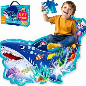 QUOKKA Glitter Floor Puzzles for Kids Ages 3-5 - 2x3 FT 48 Piece Puzzles for Toddlers 2-4 - Shaped Large Giant Educational Toddler Puzzles Ages 24  Months - Shark Toy Activity Game for Boys and Girls