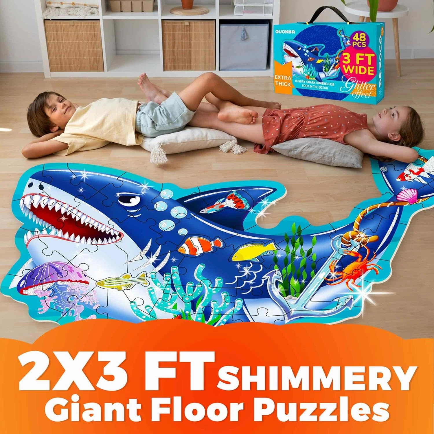 QUOKKA Glitter Floor Puzzles for Kids Ages 3-5 - 2x3 FT 48 Piece Puzzles for Toddlers 2-4 - Shaped Large Giant Educational Toddler Puzzles Ages 24  Months - Shark Toy Activity Game for Boys and Girls